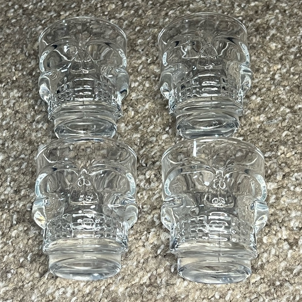 Set of 4 Skull Shot Glasses Clear Transparent Glass 3D Textured Skeleton Dead